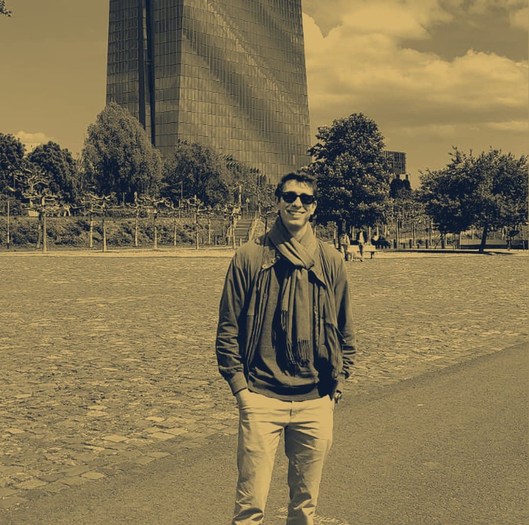 Alberto outside the European Central Bank tower in Frankfurt