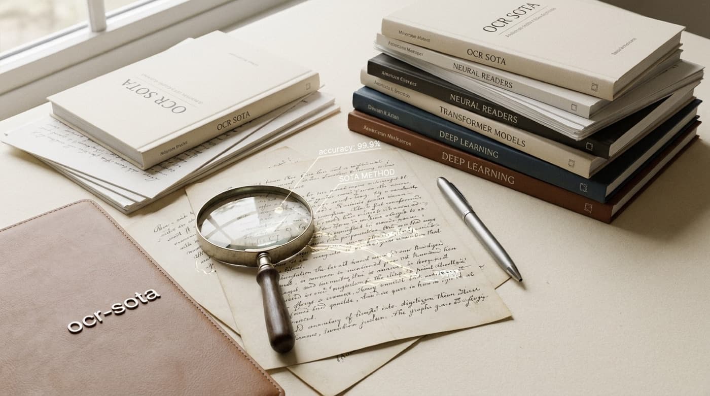 A desk with books, a manuscript and a magnifying glass